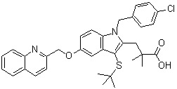 structure of CAS# 136668-42-3, Quiflapon;1-[(4-Chlorophenyl)methyl]-3-[(1,1-dimethylethyl)thio]-alpha,alpha-dimethyl-5-(2-quinolinylmethoxy)-1H-indole-2-propanoic acid; MK 0591