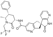 structure of CAS# 1374248-77-7, Ubrogepant;(3S)-N-[(3S,5S,6R)-6-methyl-2-oxo-5-phenyl-1-(2,2,2-trifluoroethyl)piperidin-3-yl]-2-oxospiro[1H-pyrrolo[2,3-b]pyridine-3,6'-5,7-dihydrocyclopenta[b]pyridine]-3'-carboxamide
