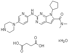 结构式 CAS# 1374639-79-8, 7-环戊基-N,N-二甲基-2-[[5-(1-哌嗪基)-2-吡啶基]氨基]-7H-吡咯并[2,3-d]嘧啶-6-甲酰胺丁二酸盐水合物(1:1:?)