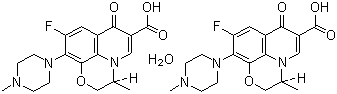 结构式 CAS# 138199-71-0, 左氧氟沙星水合物; (S)-(-)-9-氟-2,3-二氢-3-甲基-10-(4-甲基-1-哌嗪基)-7-氧-7H-吡啶并[1,2,3-de]-[1,4]苯并噁嗪-6-羧酸 1/2 水合物
