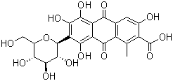 结构式 CAS# 1390-65-4, 胭脂虫红; 7-beta-D-吡喃葡萄糖基-3,5,6,8-四羟基-1-甲基-9,10-二氧代-蒽-2-羧酸