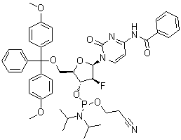 structure of CAS# 1404463-12-2, N-[1-[5-O-[Bis(4-methoxyphenyl)phenylmethyl]-3-O-[[bis(1-methylethyl)amino](2-cyanoethoxy)phosphino]-2-deoxy-2-fluoro-beta-D-arabinofuranosyl]-1,2-dihydro-2-oxo-4-pyrimidinyl]benzamide