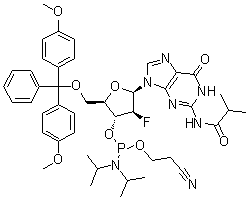 structure of CAS# 1404463-20-2, N-[9-[5-O-[Bis(4-methoxyphenyl)phenylmethyl]-3-O-[[bis(1-methylethyl)amino](2-cyanoethoxy)phosphino]-2-deoxy-2-fluoro-beta-D-arabinofuranosyl]-6,9-dihydro-6-oxo-1H-purin-2-yl]-2-methylpropanamide