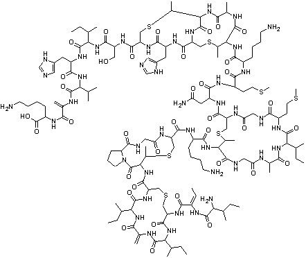 structure of CAS# 1414-45-5, Nisin;L-Isoleucyl-(Z)-2,3-didehydro-2-aminobutanoyl-D-cysteinyl-L-isoleucyl-2,3-didehydroalanyl-L-leucyl-L-cysteinyl-threo-3-mercapto-D-2-aminobutanoyl-L-prolylglycyl-L-cysteinyl-L-lysyl-threo-3-mercapto-D-2-aminobutanoylglycyl-L-alanyl-L-leucyl-L-methionylglycyl-L-cysteinyl-L-asparaginyl-L-methionyl-L-lysyl-threo-3-mercapto-D-2-aminobutanoyl-L-alanyl-threo-3-mercapto-D-2-aminobutanoyl-L-cysteinyl-L-histidyl-L-cysteinyl-L-seryl-L-isoleucyl-L-histidyl-L-valyl-2,3-didehydroalanyl-L-lysine cyclic (3->7),(8->11),(13->19),(23->26),(25->28)-pentakis(sulfide)