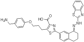 structure of CAS# 1431866-33-9, 5-[3-[4-(Aminomethyl)phenoxy]propyl]-2-[8-[2-(2-benzothiazolyl)hydrazinylidene]-5,6,7,8-tetrahydro-2-naphthalenyl]-4-thiazolecarboxylic acid;WEHI 539