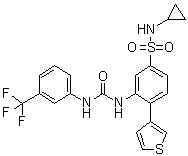 结构式 CAS# 1432660-47-3, N-环丙基-4-(3-噻吩基)-3-[[[[3-(三氟甲基)苯基]氨基]羰基]氨基]-苯磺酰胺