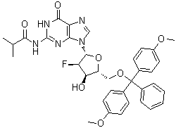structure of CAS# 144089-96-3, 5'-O-[Bis(4-methoxyphenyl)phenylmethyl]-2'-deoxy-2'-fluoro-N-(2-methyl-1-oxopropyl)guanosine;N-[9-[(2R,3R,4R,5R)-5-[[bis(4-methoxyphenyl)-phenylmethoxy]methyl]-3-fluoro-4-hydroxyoxolan-2-yl]-6-oxo-1H-purin-2-yl]-2-methylpropanamide
