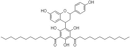 structure of CAS# 144337-18-8, 1,1'-[5-[3,4-Dihydro-7-hydroxy-2-(4-hydroxyphenyl)-2H-1-benzopyran-4-yl]-2,4,6-trihydroxy-1,3-phenylene]bis[1-dodecanone];YM 26734