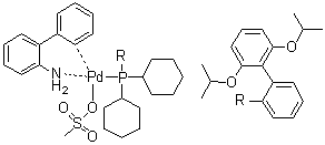 structure of CAS# 1445085-77-7, [2'-(Amino)[1,1'-biphenyl]-2-yl][[2',6'-bis(1-methylethoxy)[1,1'-biphenyl]-2-yl]dicyclohexylphosphine](methanesulfonato)palladium;Methanesulfonato(2-dicyclohexylphosphino-2',6'-di-i-propoxy-1,1'-biphenyl)(2'-amino-1,1'-biphenyl-2-yl)palladium(II)