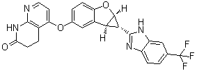 structure of CAS# 1446090-77-2, rel-5-[[(1R,1aS,6bR)-1a,6b-Dihydro-1-[6-(trifluoromethyl)-1H-benzimidazol-2-yl]-1H-cyclopropa[b]benzofuran-5-yl]oxy]-3,4-dihydro-1,8-naphthyridin-2(1H)-one