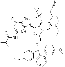 结构式 CAS# 147201-04-5, 5'-O-(4,4-二甲氧基三苯甲基)-2'-O-[(叔丁基)二甲基硅基]-N-异丁酰基鸟苷-3'-(2-氰基乙基-N,N-二异丙基)亚磷酰胺