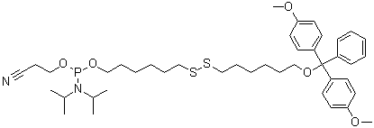 structure of CAS# 148254-21-1, N,N-Bis(1-methylethyl)phosphoramidous acid 6-[[6-[bis(4-methoxyphenyl)phenylmethoxy]hexyl]dithio]hexyl 2-cyanoethyl ester;Glen Research Thiol-Modifier C6 S-S