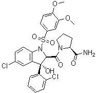 structure of CAS# 150375-75-0, Relcovaptan;[2R-[2alpha(S*),3beta]]-1-[[5-Chloro-3-(2-chlorophenyl)-1-[(3,4-dimethoxyphenyl)sulfonyl]-2,3-dihydro-3-hydroxy-1H-indol-2-yl]carbonyl]-2-pyrrolidinecarboxamide; SR 49059