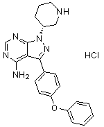 结构式 CAS# 1553977-42-6, 3-(4-苯氧基苯基)-1-(3R)-3-哌啶基-1H-吡唑并[3,4-d]嘧啶-4-胺盐酸盐(1:1)
