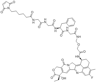 structure of CAS# 1599440-13-7, Deruxtecan;6-(2,5-dioxopyrrol-1-yl)-N-[2-[[2-[[(2S)-1-[[2-[[2-[[(10S,23S)-10-ethyl-18-fluoro-10-hydroxy-19-methyl-5,9-dioxo-8-oxa-4,15-diazahexacyclo[14.7.1.02,14.04,13.06,11.020,24]tetracosa-1,6(11),12,14,16,18,20(24)-heptaen-23-yl]amino]-2-oxoethoxy]methylamino]-2-oxoethyl]amino]-1-oxo-3-phenylpropan-2-yl]amino]-2-oxoethyl]amino]-2-oxoethyl]hexanamide