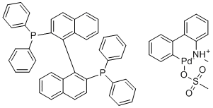 structure of CAS# 1599466-90-6, rac-BINAP Pd G4;(SP-4-3)-[[2'-(Diphenylphosphino)[1,1'-binaphthalen]-2-yl]diphenylphosphine-?P](methanesulfonato-?O)[2'-(methylamino-?N)[1,1'-biphenyl]-2-yl-?C]palladium