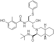 结构式 CAS# 159989-64-7, 奈非那韦; 2-[(2R,3R)-2-羟基-3-[(3-羟基-2-甲基苯甲酰)氨基]-4-(苯基硫)丁基]-(3S,4aS,8aS)-N-叔丁基十氢异喹啉-3-甲酰胺