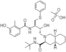 结构式 CAS# 159989-65-8, 甲磺酸奈非那韦; 2-[(2R,3R)-2-羟基-3-[(3-羟基-2-甲基苯甲酰)氨基]-4-(苯基硫)丁基]-(3S,4aS,8aS)-N-叔丁基十氢异喹啉-3-甲酰胺甲磺酸盐