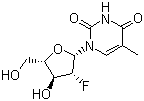 structure of CAS# 163252-36-6, Clevudine;Levovir; 2'-Fluoro-5-methylarabinosyluracil; 1-[(2S,3R,4S,5S)-3-Fluoro-4-hydroxy-5-(hydroxymethyl)oxolan-2-yl]-5-methylpyrimidine-2,4-dione