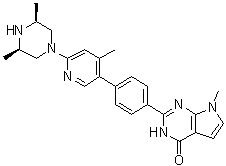 structure of CAS# 1645286-75-4, rel-2-[4-[6-[(3R,5S)-3,5-Dimethyl-1-piperazinyl]-4-methyl-3-pyridinyl]phenyl]-3,7-dihydro-7-methyl-4H-pyrrolo[2,3-d]pyrimidin-4-one