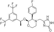 structure of CAS# 170729-80-3, mk 0869;Aprepitant; 5-[2(R)-[1(R)-[3,5-Bis(trifluoromethyl)phenyl]ethoxy]-3(S)-(4-fluorophenyl)morpholin-4-ylmethyl]-3,4-dihydro-2H-1,2,4-triazol-3-one