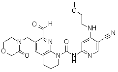 structure of CAS# 1708971-72-5, N-[5-Cyano-4-[(2-methoxyethyl)amino]-2-pyridinyl]-7-formyl-3,4-dihydro-6-[(3-oxo-4-morpholinyl)methyl]-1,8-naphthyridine-1(2H)-carboxamide