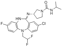 structure of CAS# 1783816-74-9, (S)-3-((2-Chloro-5-(2,2-difluoroethyl)-8-fluoro-5H-dibenzo[b,e][1,4]diazepin-11-yl)amino)-N-isopropylpyrrolidine-1-carboxamide