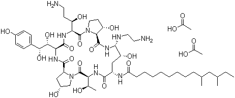 structure of CAS# 179463-17-3, Caspofungin acetate;Cancidas; (3S,6S,9S,11R,15S,18S,20R,21S,24S,25S)-21-(2-Aminoethylamino)-3-[3-amino-1(R)-hydroxypropyl]-6-[1(S),2(S)-dihydroxy-2-(4-hydroxyphenyl)ethyl]-18-(10,12-dimethyltetradecanamido)-11,20,25-trihydroxy-15-[1(R)-hydroxyethyl]-1,4,7,13,16,22-hexaazatricyclo[22.3.0.0(9,13)]heptacosane-2,5,8,14,17,23-hexaone diacetate