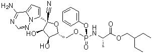 structure of CAS# 1809249-37-3, Remdesivir;GS 5734; 2-Ethylbutyl (2S)-2-[[(S)-[[(2R,3S,4R,5R)-5-(4-aminopyrrolo(2,1-f)(1,2,4)triazin-7-yl)-5-cyano-3,4-dihydroxytetrahydrofuran-2-yl]methoxy]phenoxyphosphoryl]amino]propanoate; 2-Ethylbutyl N-[(S)-[2-C-(4-aminopyrrolo(2,1-f)(1,2,4)triazin-7-yl)-2,5-anhydro-D-altrononitril-6-O-yl]phenoxyphosphoryl]-L-alaninate