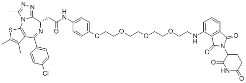 structure of CAS# 1818885-28-7, ARV-825;2-[(9S)-7-(4-chlorophenyl)-4,5,13-trimethyl-3-thia-1,8,11,12-tetrazatricyclo[8.3.0.02,6]trideca-2(6),4,7,10,12-pentaen-9-yl]-N-[4-[2-[2-[2-[2-[[2-(2,6-dioxopiperidin-3-yl)-1,3-dioxoisoindol-4-yl]amino]ethoxy]ethoxy]ethoxy]ethoxy]phenyl]acetamide