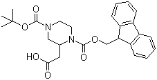 structure of CAS# 183742-34-9, 4-Boc-1-Fmoc-2-Piperazine acetic acid;2-[1-(9H-Fluoren-9-ylmethoxycarbonyl)-4-[(2-methylpropan-2-yl)oxycarbonyl]piperazin-2-yl]acetic acid