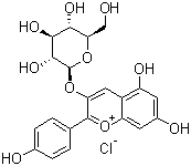 structure of CAS# 18466-51-8, Pelargonidin monoglucoside;3-(beta-D-Glucopyranosyloxy)-4',5,7-trihydroxyflavylium chloride; Callistephin chloride; Pelargonidin 3-O-glucoside; Pelargonidin 3-O-¦Â-D-glucopyranoside; Pelargonidin 3-glucoside; Pelargonidin 3-monoglucoside; Pelargonidin 3-¦Â-D-glucopyranoside