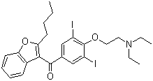 结构式 CAS# 1951-25-3, 胺碘酮; 2-丁基-3-苯并呋喃基-4-[2-(二乙氨基)乙氧基-3,5-二碘苯基]甲酮