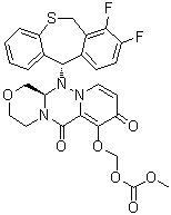 structure of CAS# 1985606-14-1, Baloxavir marboxil;({(12aR)-12-[(11S)-7,8-difluoro-6,11-dihydrodibenzo[b,e]thiepin-11-yl]-6,8-dioxo-3,4,6,8,12,12a-hexahydro-1H-[1,4]oxazino[3,4-c]pyrido[2,1-f][1,2,4]triazin-7-yl}oxy)methyl methyl carbonate; Baloxavir marboxil; S 033188; Xofluza