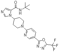 结构式 CAS# 2012607-27-9, N-叔丁基-1-[1-[5-[5-(三氟甲基)-1,3,4-恶二唑-2-基]-2-吡啶基]-4-哌啶基]-1H-咪唑-5-甲酰胺