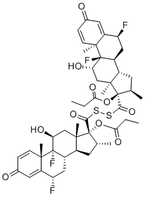 structure of CAS# 201812-64-8, Desfluoromethyl Fluticasone Propionate Disulfide;[(6S,8S,9R,10S,11S,13S,14S,16R,17R)-17-[[(6S,8S,9R,10S,11S,13S,14S,16R,17R)-6,9-difluoro-11-hydroxy-10,13,16-trimethyl-3-oxo-17-propanoyloxy-6,7,8,11,12,14,15,16-octahydrocyclopenta[a]phenanthrene-17-carbonyl]disulfanyl]carbonyl-6,9-difluoro-11-hydroxy-10,13,16-trimethyl-3-oxo-6,7,8,11,12,14,15,16-octahydrocyclopenta[a]phenanthren-17-yl] propanoate