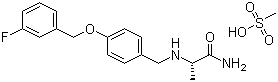 structure of CAS# 202825-46-5, Safinamide mesylate;(S)-2-[[4-[(3-Fluorobenzyl)oxy]benzyl]amino]propanamide methanesulfonate