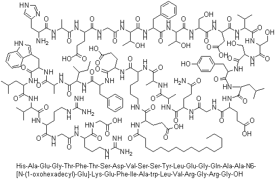 structure of CAS# 204656-20-2, Liraglutide;NN 2211; NNC 90-1170; Victoza; (2S)-5-[[(5S)-5-[[(2S)-2-[[(2S)-2-[[(2S)-5-amino-2-[[2-[[(2S)-2-[[(2S)-2-[[(2S)-2-[[(2S)-2-[[(2S)-2-[[(2S)-2-[[(2S)-2-[[(2S)-2-[[(2S,3R)-2-[[(2S)-2-[[(2S,3R)-2-[[2-[[(2S)-2-[[(2S)-2-[[(2S)-2-amino-3-(1H-imidazol-5-yl)propanoyl]amino]propanoyl]amino]-4-carboxybutanoyl]amino]acetyl]amino]-3-hydroxybutanoyl]amino]-3-phenylpropanoyl]amino]-3-hydroxybutanoyl]amino]-3-hydroxypropanoyl]amino]-3-carboxypropanoyl]amino]-3-methylbutanoyl]amino]-3-hydroxypropanoyl]amino]-3-hydroxypropanoyl]amino]-3-(4-hydroxyphenyl)propanoyl]amino]-4-methylpentanoyl]amino]-4-carboxybutanoyl]amino]acetyl]amino]-5-oxopentanoyl]amino]propanoyl]amino]propanoyl]amino]-6-[[(2S)-1-[[(2S)-1-[[(2S,3S)-1-[[(2S)-1-[[(2S)-1-[[(2S)-1-[[(2S)-1-[[(2S)-5-carbamimidamido-1-[[2-[[(2S)-5-carbamimidamido-1-(carboxymethylamino)-1-oxopentan-2-yl]amino]-2-oxoethyl]amino]-1-oxopentan-2-yl]amino]-3-methyl-1-oxobutan-2-yl]amino]-4-methyl-1-oxopentan-2-yl]amino]-3-(1H-indol-3-yl)-1-oxopropan-2-yl]amino]-1-oxopropan-2-yl]amino]-3-methyl-1-oxopentan-2-yl]amino]-1-oxo-3-phenylpropan-2-yl]amino]-4-carboxy-1-oxobutan-2-yl]amino]-6-oxohexyl]amino]-2-(hexadecanoylamino)-5-oxopentanoic acid