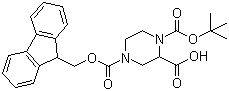 structure of CAS# 218278-58-1, 1-Boc-4-Fmoc-2-piperazinecarboxylic acid;1-(tert-Butoxycarbonyl)-4-[(9H-fluoren-9-ylmethoxy)carbonyl]-2-piperazinecarboxylic acid