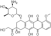 结构式 CAS# 23214-92-8, 阿霉素; 10-((3-氨基-2,3,6-三去氧-alpha-L-来苏-己吡喃基)氧)-7,8,9,10-四氢-6,8,11-三羟基-8-羟乙酰基-1-甲氧基-5,12-萘二酮