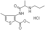结构式 CAS# 23964-57-0, 盐酸阿替卡因; 4-甲基-3-(2-丙氨基丙酰基氨基)-2-噻吩羧酸甲酯盐酸盐