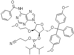 structure of CAS# 251647-53-7, N-Benzoyl-5'-O-[bis(4-methoxyphenyl)phenylmethyl]-2'-O-(2-methoxyethyl)adenosine 3'-[2-cyanoethyl N,N-bis(1-methylethyl)phosphoramidite]