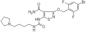 structure of CAS# 252003-65-9, 3-[(4-Bromo-2,6-difluorobenzyl)oxy]-5-[3-[4-(pyrrolidin-1-yl)butyl]ureido]isothiazole-4-carboxamide;CP-547632