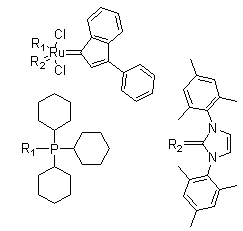 structure of CAS# 254972-49-1, Dichloro[1,3-dihydro-1,3-bis(2,4,6-trimethylphenyl)-2H-imidazol-2-ylidene](3-phenyl-1H-inden-1-ylidene)(tricyclohexylphosphine)ruthenium;catMETium RF1