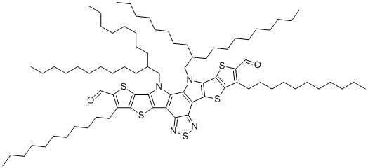 structure of CAS# 2599837-57-5, 12,13-Dihydro-12,13-bis(2-octyldodecyl)-3,9-diundecyldithieno[2'',3'':4',5']thieno[2',3':4,5]pyrrolo[3,2-e:2',3'-g][2,1,3]benzothiadiazole-2,10-dicarboxaldehyde;3,27-bis(2-octyldodecyl)-8,22-di(undecyl)-6,10,15,20,24-pentathia-3,14,16,27-tetrazaoctacyclo[16.9.0.02,12.04,11.05,9.013,17.019,26.021,25]heptacosa-1(18),2(12),4(11),5(9),7,13,16,19(26),21(25),22-decaene-7,23-dicarbaldehyde
