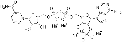 结构式 CAS# 2646-71-1, 二氢烟酰胺腺嘌呤二核苷磷酸四钠; 还原辅酶 II 四钠盐; 烟酰胺腺呤二核苷磷酸四钠盐; beta-三磷酸吡啶二核苷酸四钠盐; NADP 四钠盐