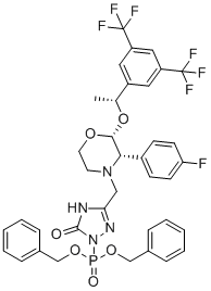 structure of CAS# 265121-01-5, Fosaprepitant Dibenzyl Ester Impurity;2-bis(phenylmethoxy)phosphoryl-5-[[(2R,3S)-2-[(1R)-1-[3,5-bis(trifluoromethyl)phenyl]ethoxy]-3-(4-fluorophenyl)morpholin-4-yl]methyl]-4H-1,2,4-triazol-3-one