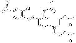 structure of CAS# 26850-12-4, Disperse Red 167;Disperse Rubine S-2GFL; C.I. 11338; N-[5-[Bis[2-(acetyloxy)ethyl]amino]-2-[2-(2-chloro-4-nitrophenyl)diazenyl]phenyl]propanamide