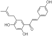 structure of CAS# 28448-85-3, Bavachalcone;Broussochalcone B; (2E)-1-[2,4-Dihydroxy-5-(3-methyl-2-buten-1-yl)phenyl]-3-(4-hydroxyphenyl)-2-propen-1-one