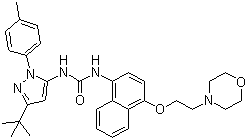 structure of CAS# 285983-48-4, Doramapimod;1-(3-(1,1-Dimethylethyl)-1-(4-methylphenyl)-1H-pyrazol-5-yl)-3-(4-(2-(morpholin-4-yl)ethoxy)naphthalen-1-yl)urea; 1-[2-(4-Methylphenyl)-5-tert-butyl-pyrazol-3-yl]-3-[4-(2-morpholin-4-ylethoxy)naphthalen-1-yl]urea